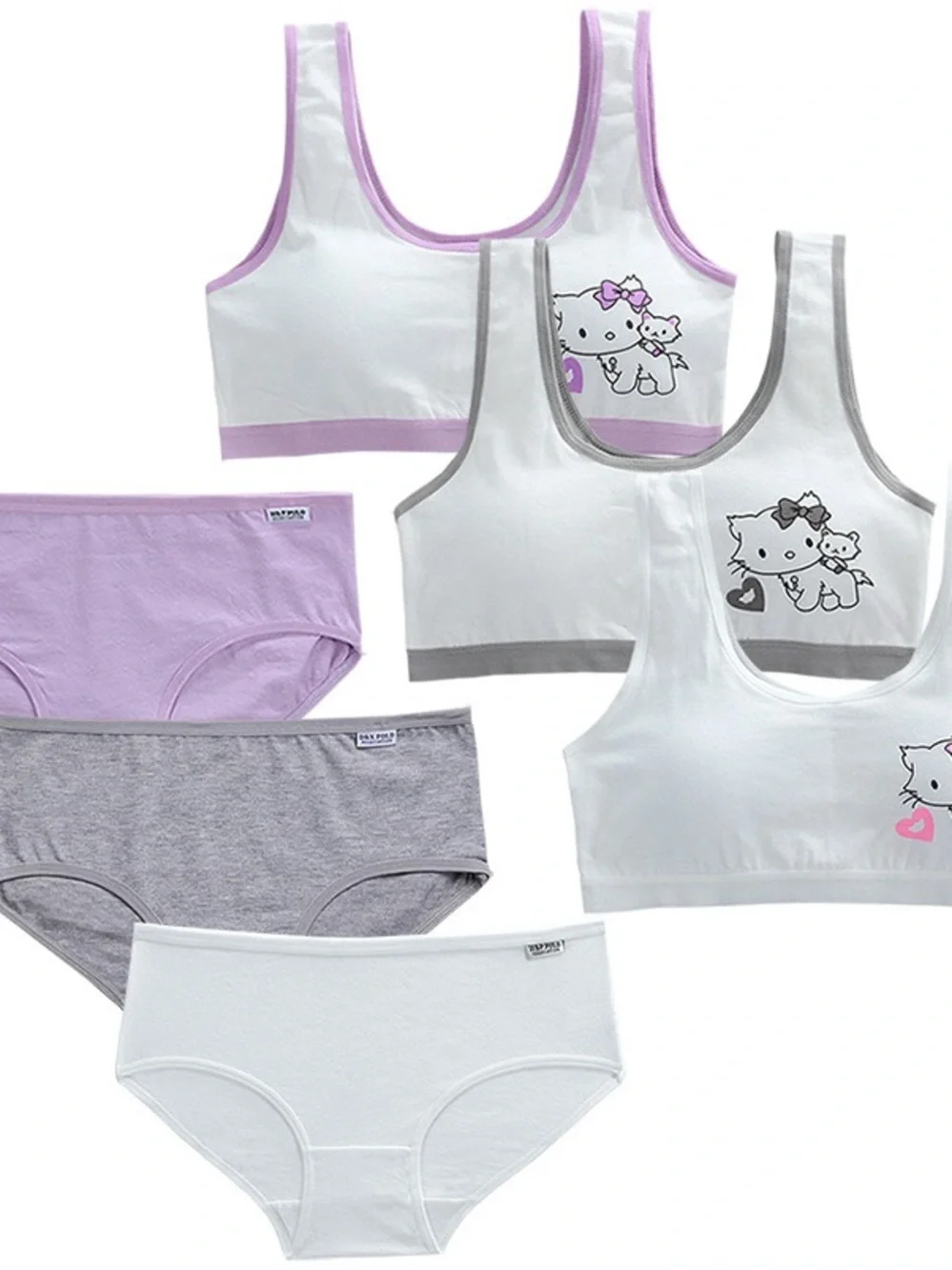 Girls' Cotton Training Bra & Briefs Set - White, Lavender, Gray 8-12 Y